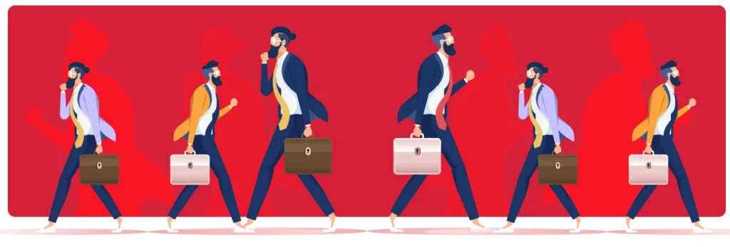 People who work at structured settlement companies walking wearing suits, ties, glasses, and holding brief cases.