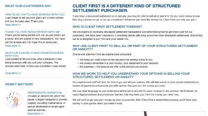 Screenshot from below the fold on the home page of clientfirstfunding.com, Client First Settlement Funding's website. Includes a section with quotes from customers, Client First Funding background information, and why to work with them.