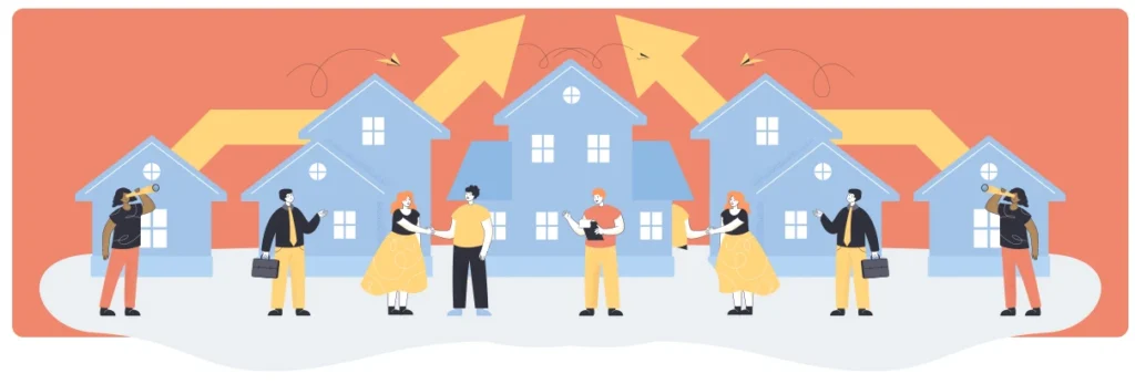 People in front of houses signing deals with settlement buyers.