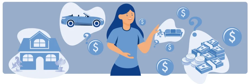 Woman considering how many of her needs, such as a home, car, and furniture, she will be able to afford given the cost associated with selling rights to her structured settlement payments.