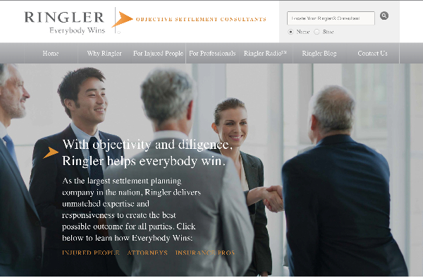 Screenshot of the home page on Ringler's website. Includes a picture of business professionals smiling and copy, beneath a heading, highlighting Ringer's services and experience.