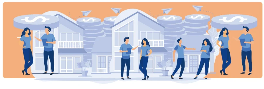 Four pictures of a man and woman, holding a clipboard and considering their financial options. Houses and stacks on coins are behind them.