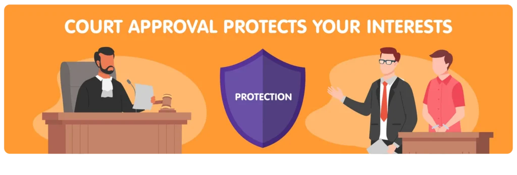 Illustration of a judge reviewing a structured settlement sale while an attorney stands beside the seller, highlighting that court approval helps protect the seller's financial interests.