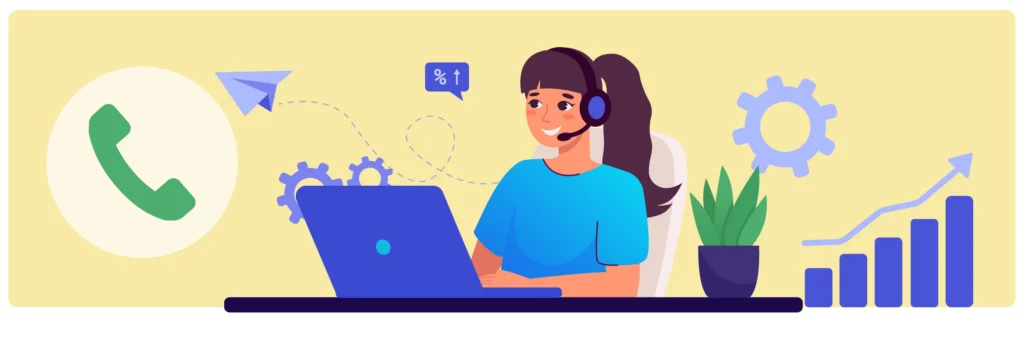 Illustration of a smiling female wearing a headset, working on a laptop, with icons of a phone, gears, upward graph, and communication symbols in the background.