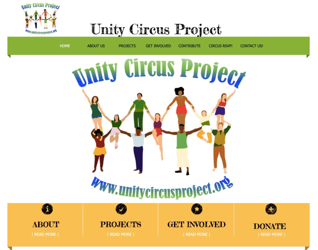 Screenshot of the home page of March's Artist Grant Winner unitycircusproject.org.