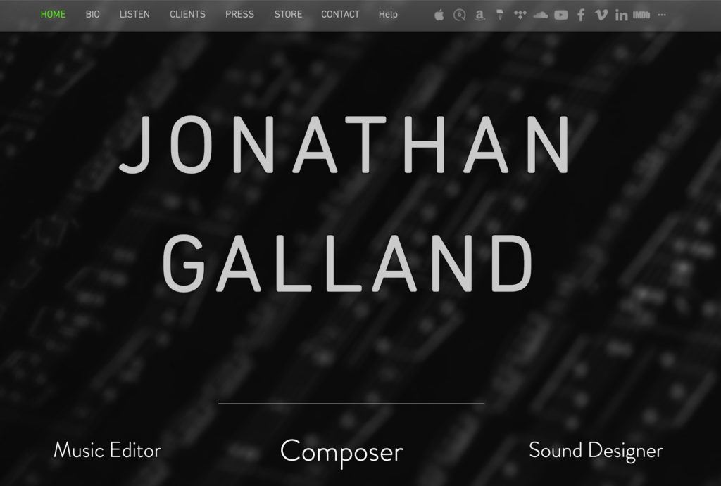 Screen shot of film composer's Jonathan Galland web page header, including links to their