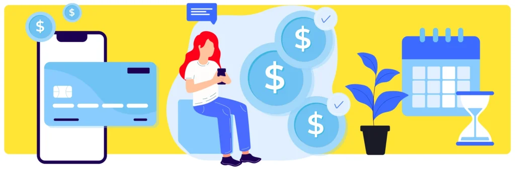 Illustration of a woman sitting and using her smartphone, with a large mobile phone displaying a credit card, floating dollar coins with checkmarks, a calendar, and an hourglass, symbolizing online periodical payments and financial management.