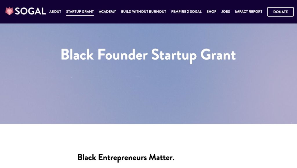 Screenshot of Black Founder Startup Grant.