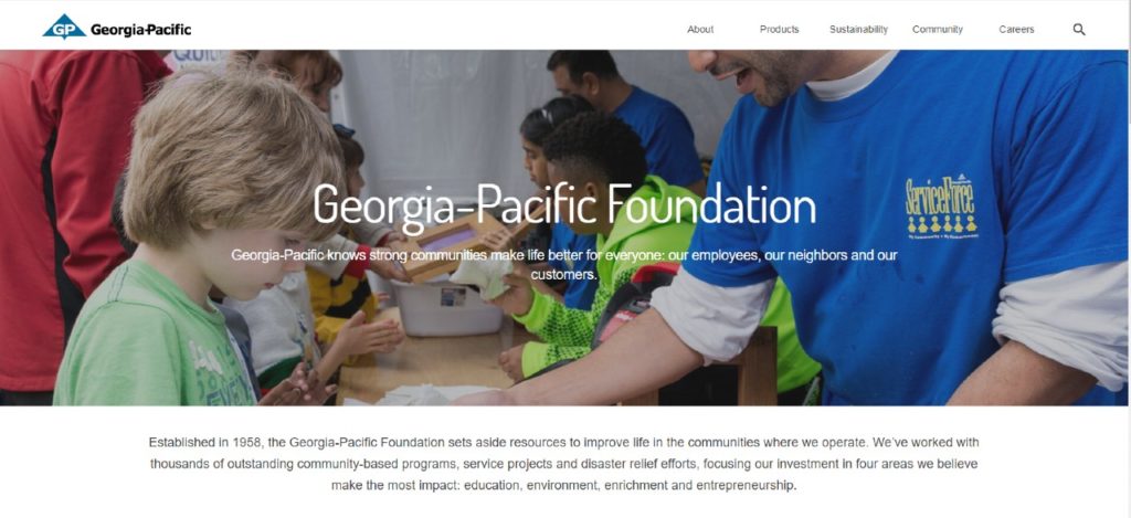Image of volunteers for the Georgia Pacific Foundation Service Force interacting with community members. Beneath that is an overview of the foundation.