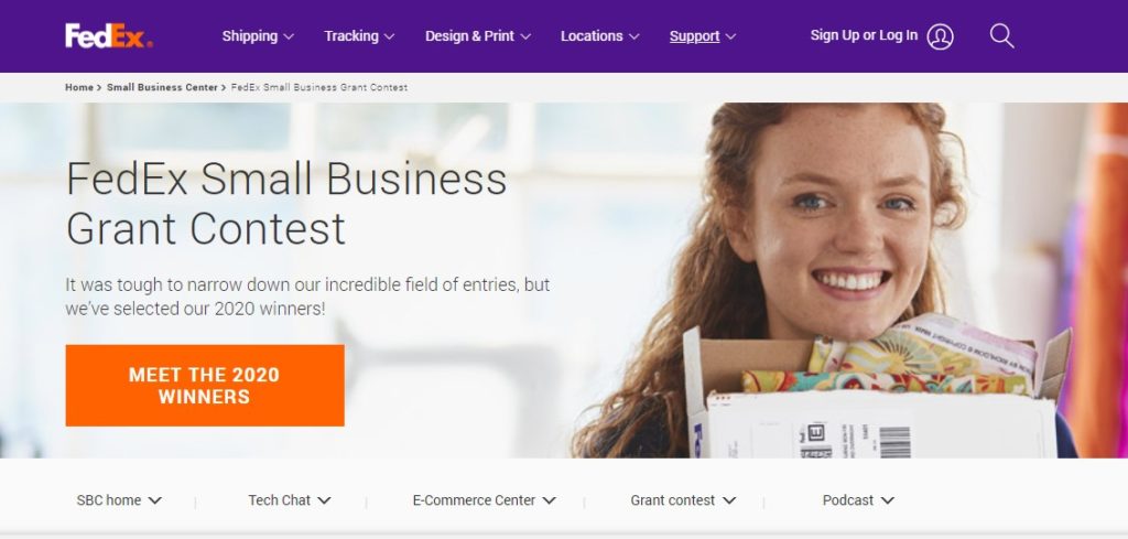 Header image of female entrepreneur shipping a package at FedEx. Overview of the FedEx  Small Business Grant Contest.