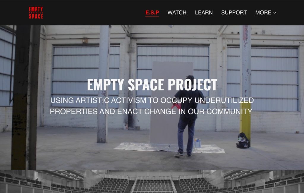 Title for the Empty Space Project on top of an video of an artist in a warehouse painting on a canvas.