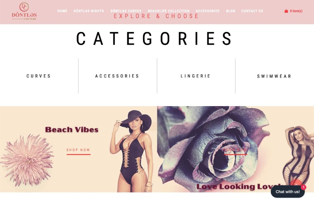 Screenshot showing women's intimate clothing categories offered by DÔNTLƏS COUTURE, as well as pictures of two women modeling night time clothes and two flowers.