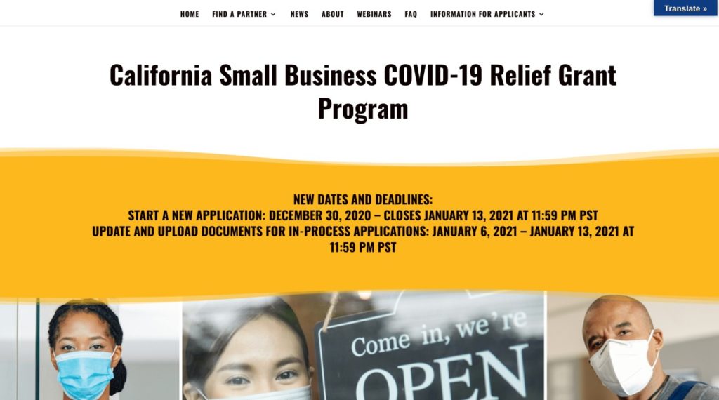 Heading, followed by application dates and deadlines for the California Small Business COVID-19 Relief Grant Program.