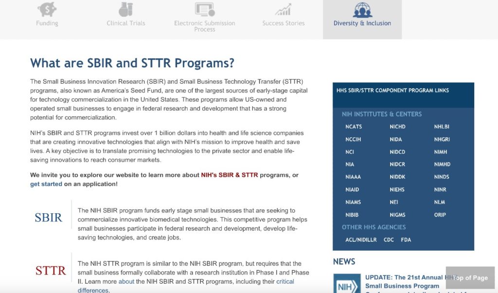 Overviews of the Small Business Innovation Research grant and Small Business Technology Transfer program.