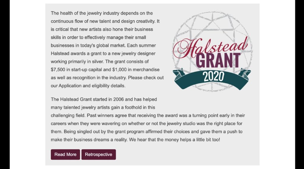 Summary of the Halstead Grant for silver jewelry artists.