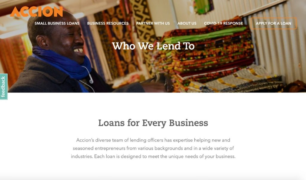 Screenshot of page header, with black man who owns a shop that sells rugs, and a heading "Loans for Every Business.