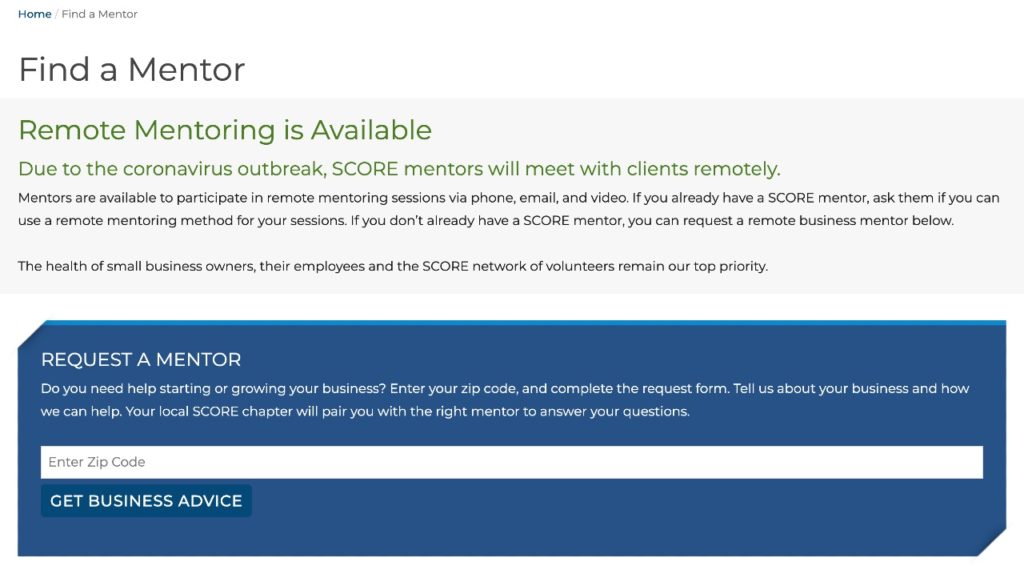 Overview of process for finding a mentor through SCORE.