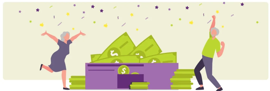 Two people celebrating next to money after finding out that they can sell their annuity.