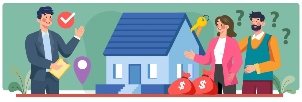 Illustration of a real estate agent explaining property details to a confused couple with a house and money bags in the background.  
