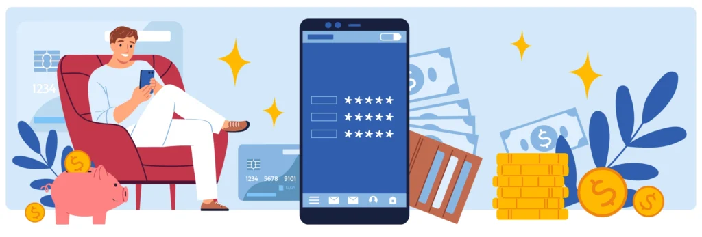 Illustration of a man sitting in a chair using a smartphone for online banking or financial review, with a large smartphone screen displaying star ratings, surrounded by icons of money, credit cards, coins, a piggy bank, and digital financial symbols.