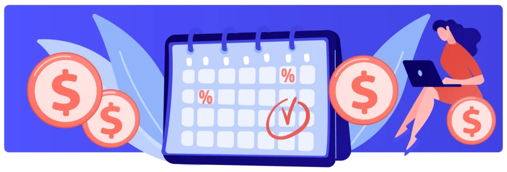 Illustration of a woman using a laptop next to a calendar with percentage signs and dollar coins, representing financial planning or interest deadlines.