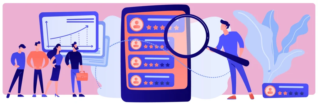 Illustration of business professionals analyzing customer reviews on a mobile app, with a large magnifying glass highlighting star ratings, review profiles, and graphs representing data analysis and company performance evaluation.  