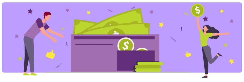 Illustration of a man and woman celebrating around a large wallet filled with cash and coins, with dollar signs and decorative stars symbolizing financial success or successfully selling structured settlements.