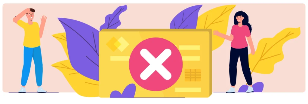 Illustration of a frustrated couple standing beside a large credit card with a red X over it, symbolizing declined payment or financial trouble.