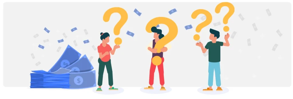 Three people with questions mark wondering how much of the pile of money next to them they can get if they sell their annuities.
