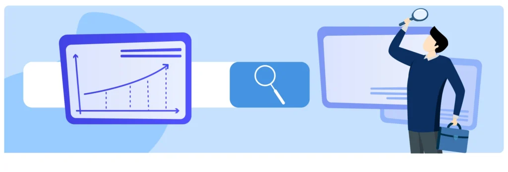 Illustration of a person holding a magnifying glass and examining data charts, symbolizing research, analysis, and the search for reliable independent advice. 