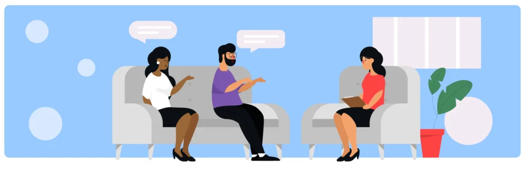 Illustration of a counseling or interview session with two people talking on a couch and a woman taking notes across from them.