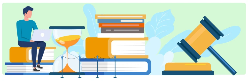Illustration of a person sitting on a stack of books using a laptop, surrounded by legal symbols including a gavel, an hourglass, and more books, representing legal research, education, and justice. 