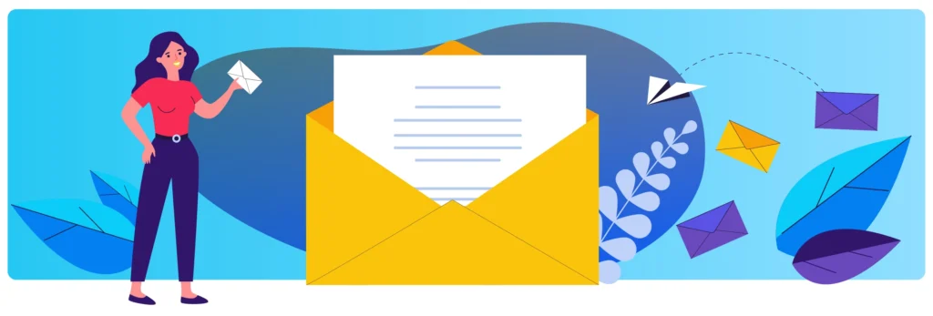 Illustration of a woman holding an envelope next to a large open yellow envelope with a letter inside, surrounded by flying paper planes and colorful envelopes, representing email or digital communication.