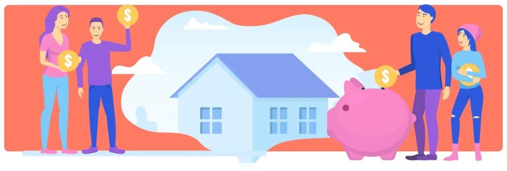 Illustration of two couples saving money for a house, with individuals holding dollar coins and a piggy bank in the foreground, and a house silhouette in the background.