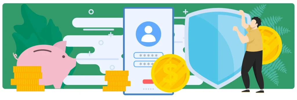 Illustration showing financial security concept with a piggy bank, stacked coins, a login screen, a large shield, and a person symbolizing protection of digital and monetary assets. 