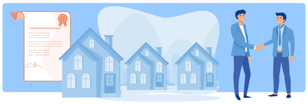   Illustration of a successful real estate transaction with houses, a legal document, and business handshake.  