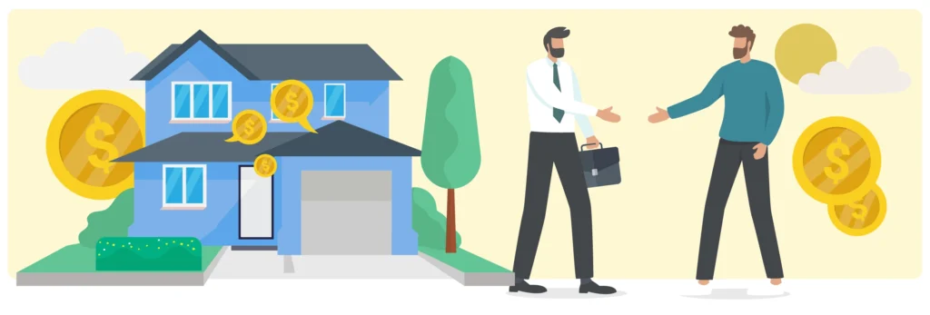 Illustration of a real estate transaction showing an independent professional shaking hands with a client in front of a house, with dollar coins symbolizing financial exchange or investment.