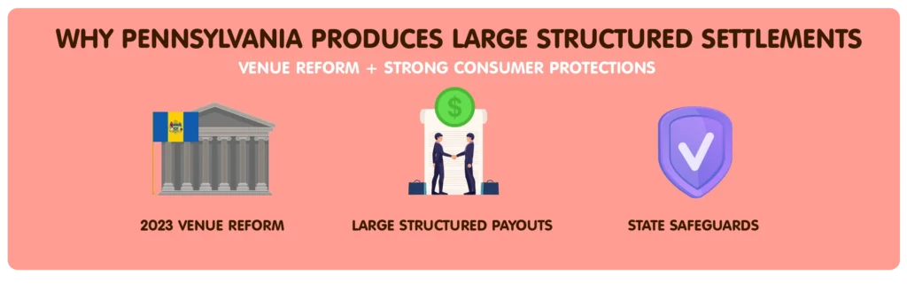Infographic explaining why Pennsylvania produces large structured settlements, highlighting 2023 venue reform, large structured payouts, and state safeguards. Images include a Pennsylvania courthouse, two people discussing a financial agreement with money, and a shield symbol representing consumer protections.