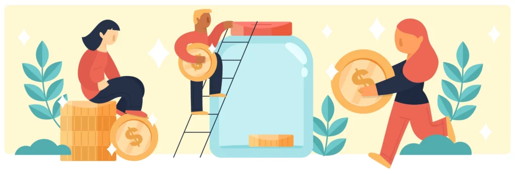   Illustration of three people saving money by placing large gold coins into a giant glass jar.