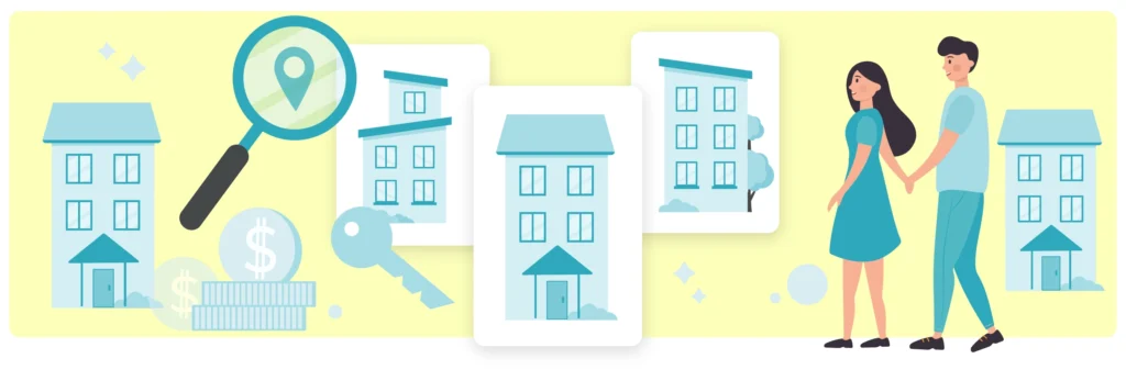 Illustration of a couple holding hands while searching for a new apartment, surrounded by icons of buildings, a magnifying glass with a location pin, dollar signs, keys, and property listings, symbolizing the home buying or renting process.