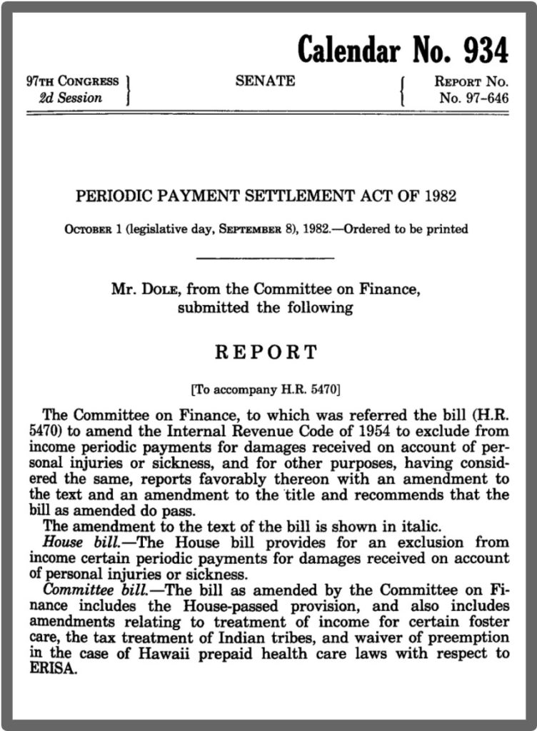 The bases of selling structured settlements, the Periodic Settlement Act of 1982. This photo shows the act's first page.