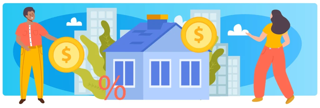 Illustration of a man and a woman standing on either side of a house with coins and a percentage symbol, representing property investment.
