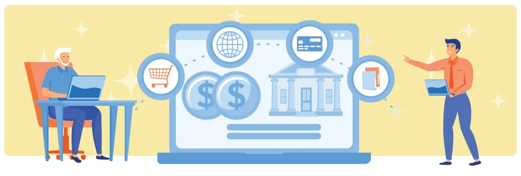  Illustration of online financial management symbolizing e-commerce, banking, and digital payments.  