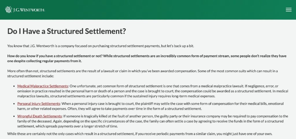 Screenshot of JG Wentworth structured settlement page.