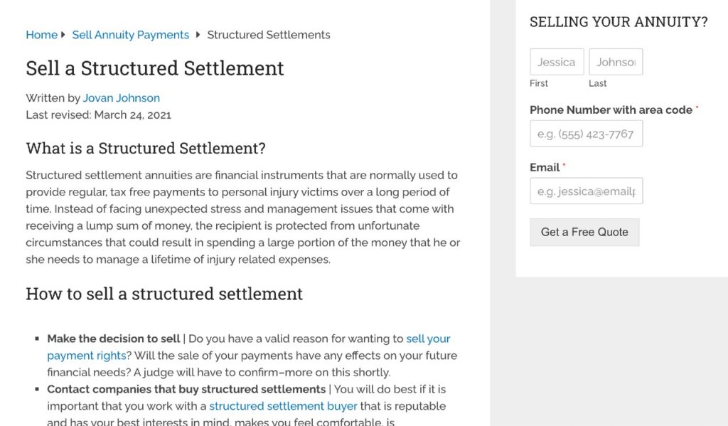 Screenshot of sell page and contact form on structured settlement company annuityfreedom.net's website.