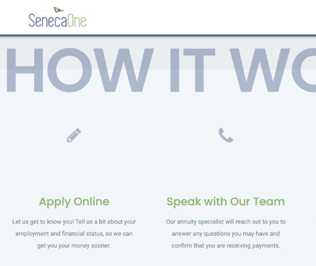 Screenshot of the how it works portion in the middle of the Seneca One home page.