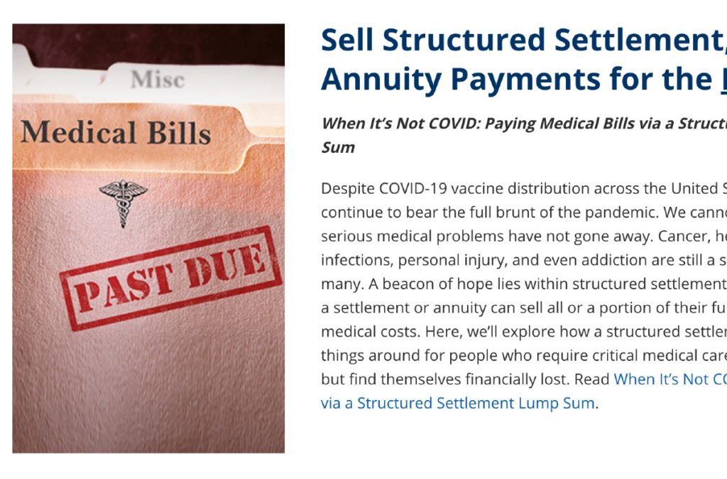 Screenshot of image of a file labeled past due medical bills and a heading to sell structured settlement payments on the RSL Funding home page.