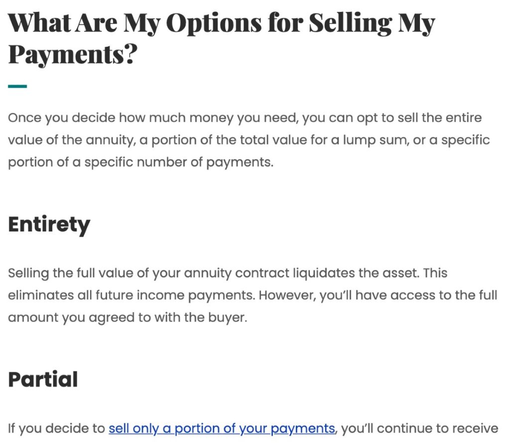 Screenshot of annuity.org headings focused on selling structured settlements.