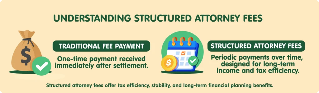 Infographic comparing traditional attorney fee payment (a one-time lump sum after settlement) with structured attorney fees (periodic payments over time for long-term income and tax efficiency).