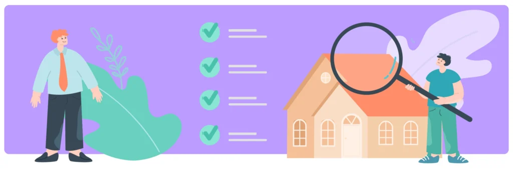 Illustration of a checklist, a magnifying glass examining a house, and two people symbolizing evaluation, comparison, and selection of annuity providers.